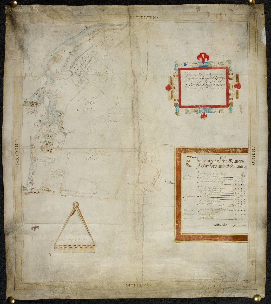 Kart over herregårder i Bayford og Goodmanston i Murston og Sittingbourne, co. Kent: 1590 (blekk og fargevask på vellum) av Christopher Saxton