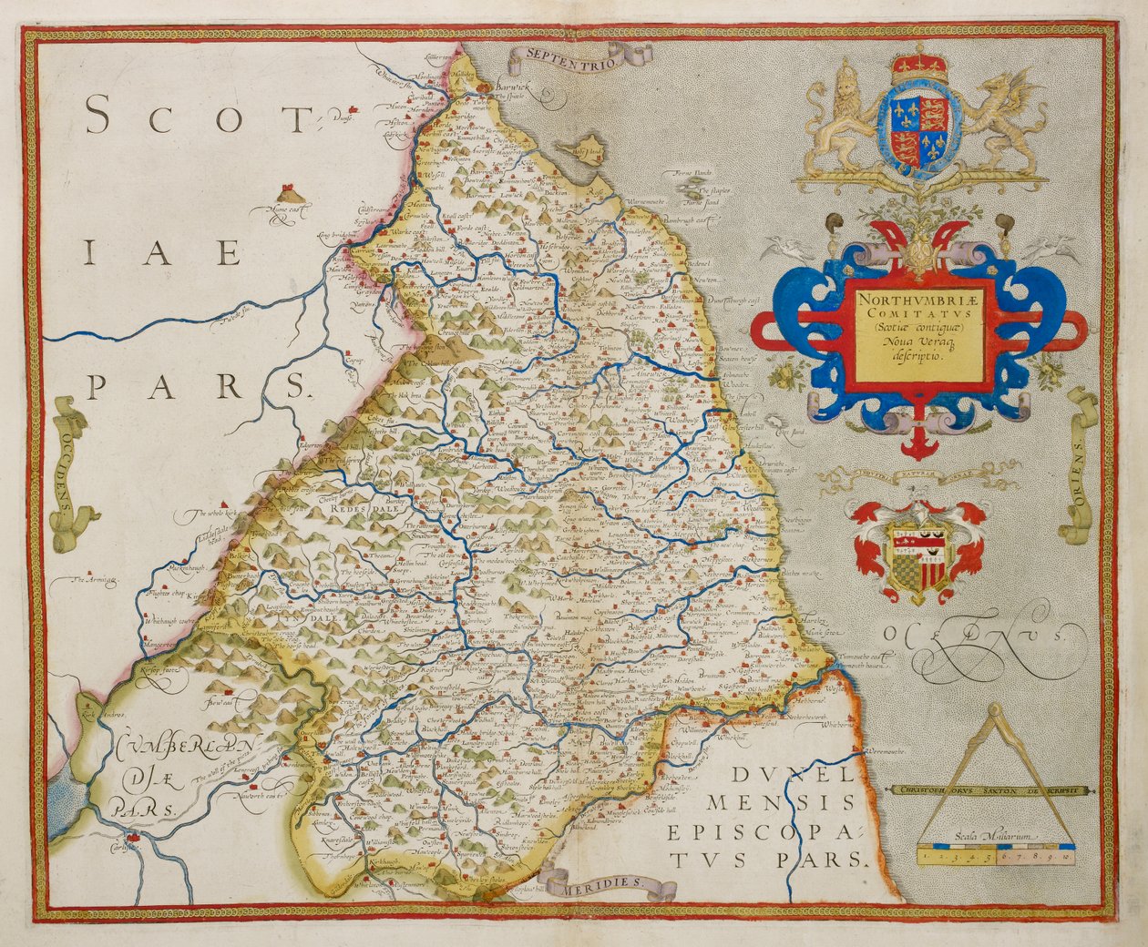 Kart over Northumbria, fra "An atlas of England and Wales" av Christopher Saxton