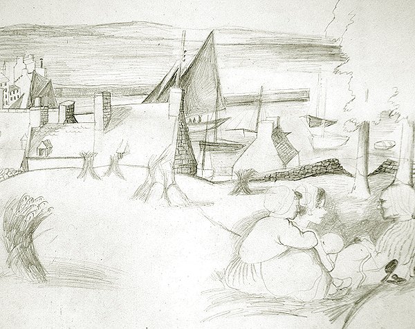 Breton Fishing Village, ca. 1929-30 (blyant på papir) av Christopher Wood
