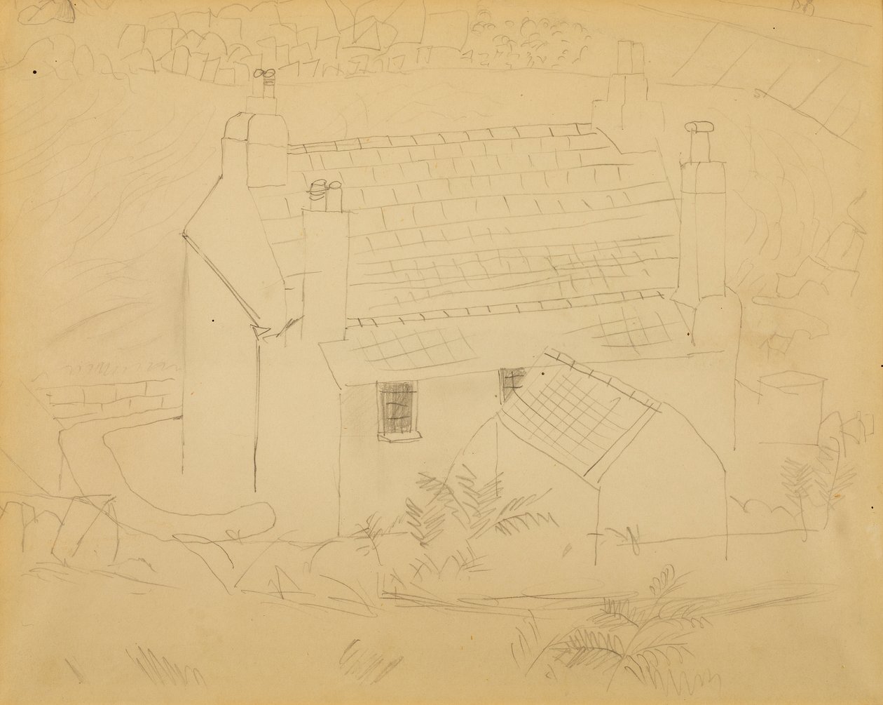Cottage, Cornwall (blyant på papir) av Christopher Wood