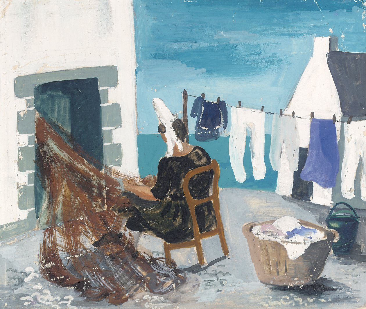 Mending Nets, Tréboul, ca. 1930 (blyant og gouache på papir) av Christopher Wood