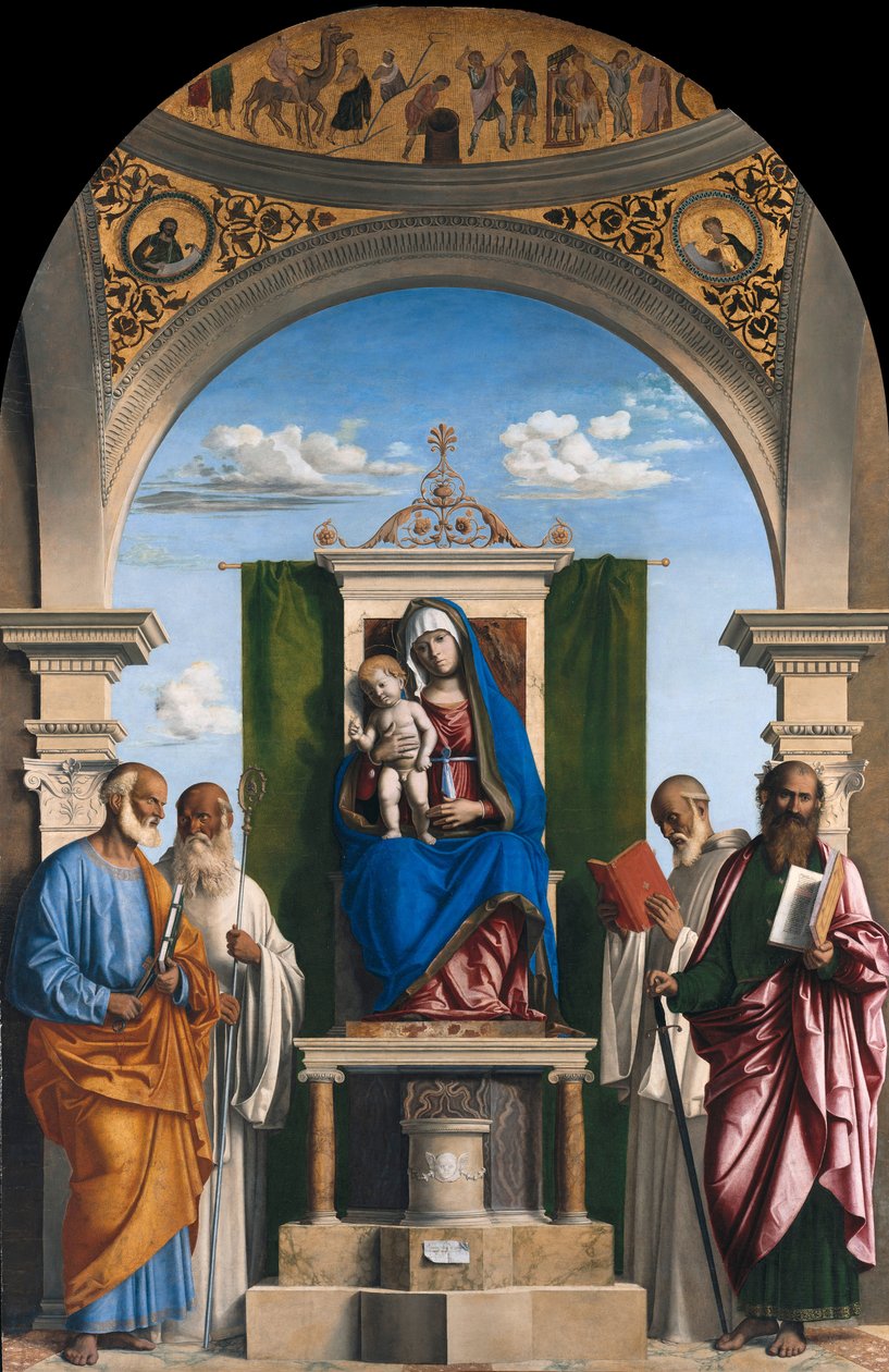 Tronet Madonna med Child og SS Peter, Romualdus, Benedict og Paul av Cima da Conegliano