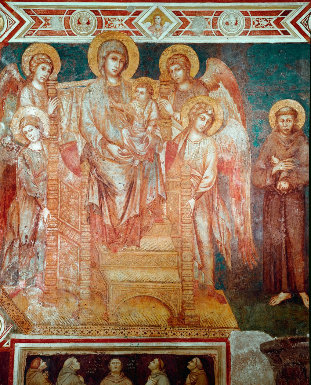 Madonna har barn på tronen, fire engler og Saint Francois av Assisi Fresco of Cimabue (Cenni di Pepo) (1272-1302) 1278-1280 Dim.320x340 cm. Assisi, Basilica of San Francesco, Nedre kirke av Cimabue