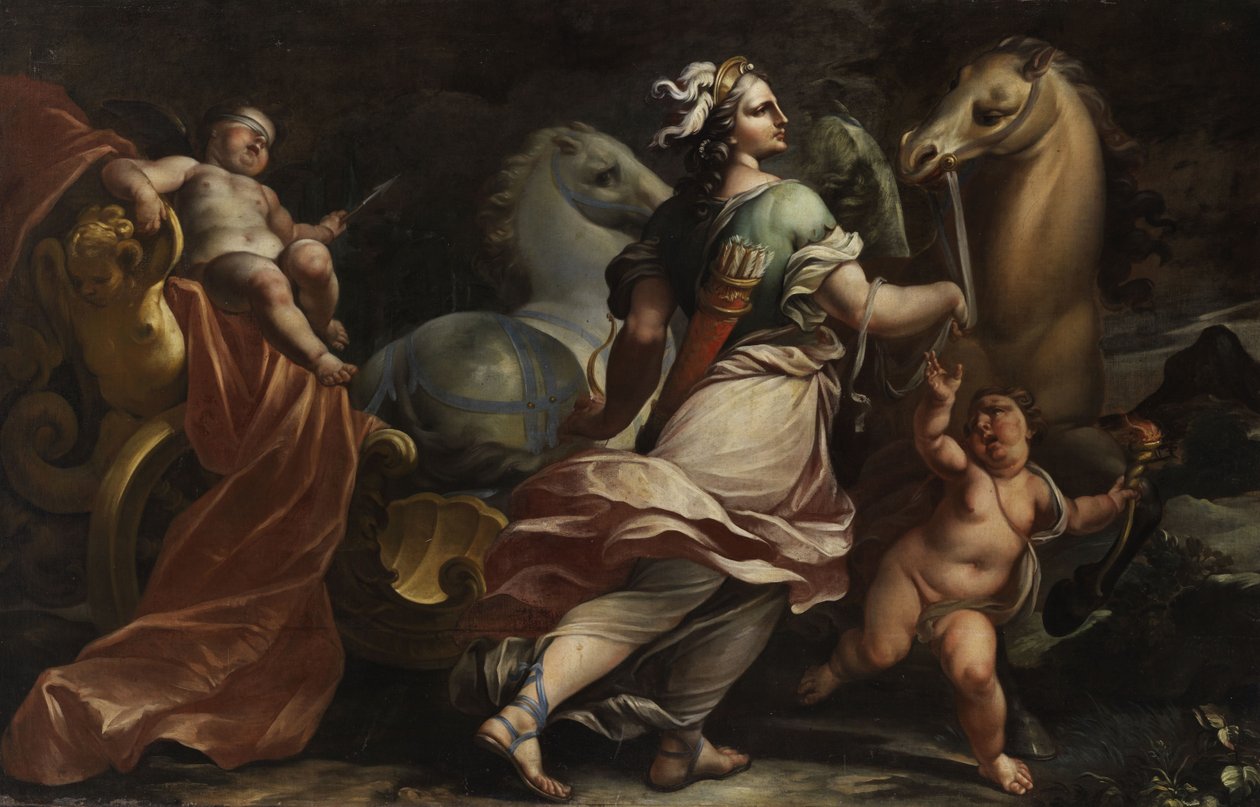 Bellona griper cupids armer av Circle of Carlo Cignani