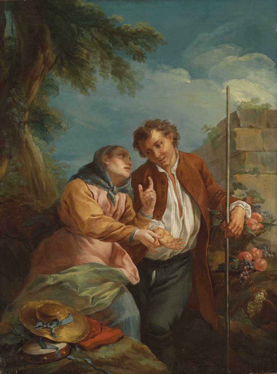 En palmeleser og en ung fruktselger av Circle of Charles André van Loo