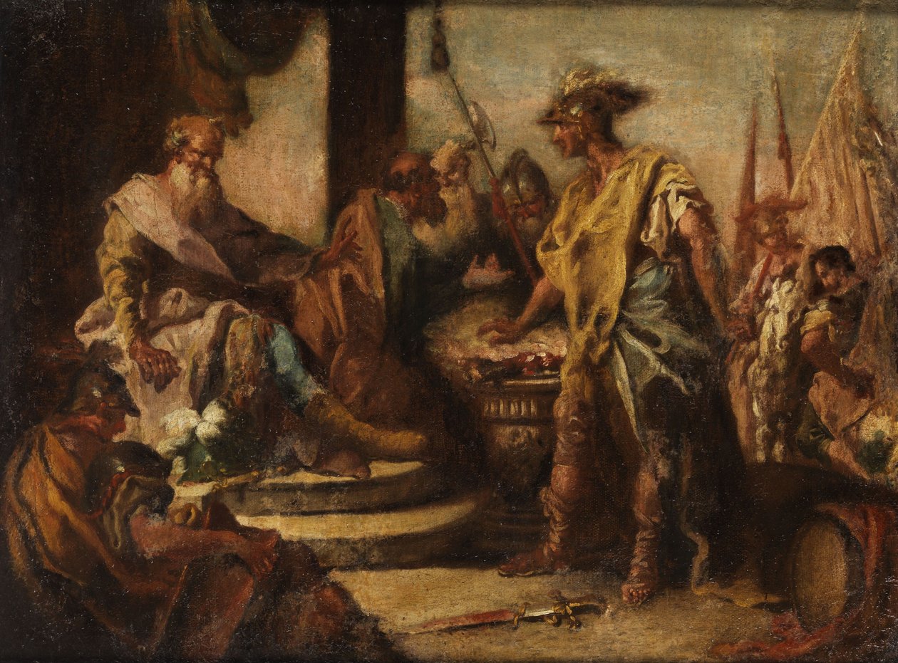 Mucius Scaevola legger hånden på ilden foran den etruskiske prinsen Porsenna. av Francesco Fontebasso