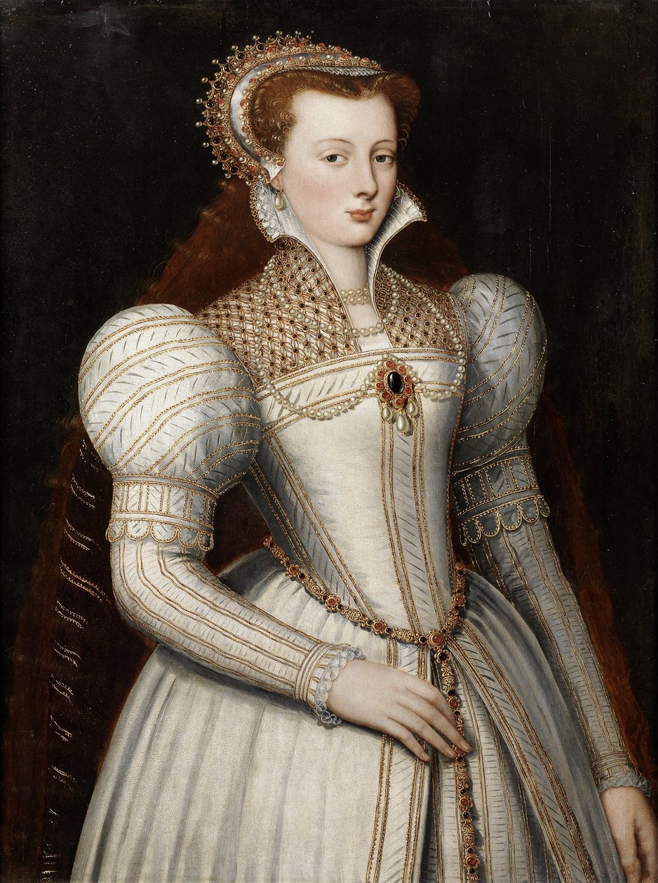 Portrett av en dame, halvlangt, i hvit bejeweled kjole og hodeplagg av Circle of Frans Pourbus the Younger