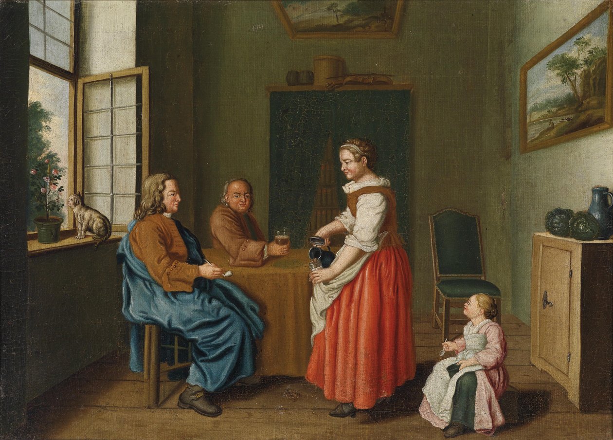 Interiør med to menn ved bordet og en hushjelp som serverer dem av Jan Josef Horemans II