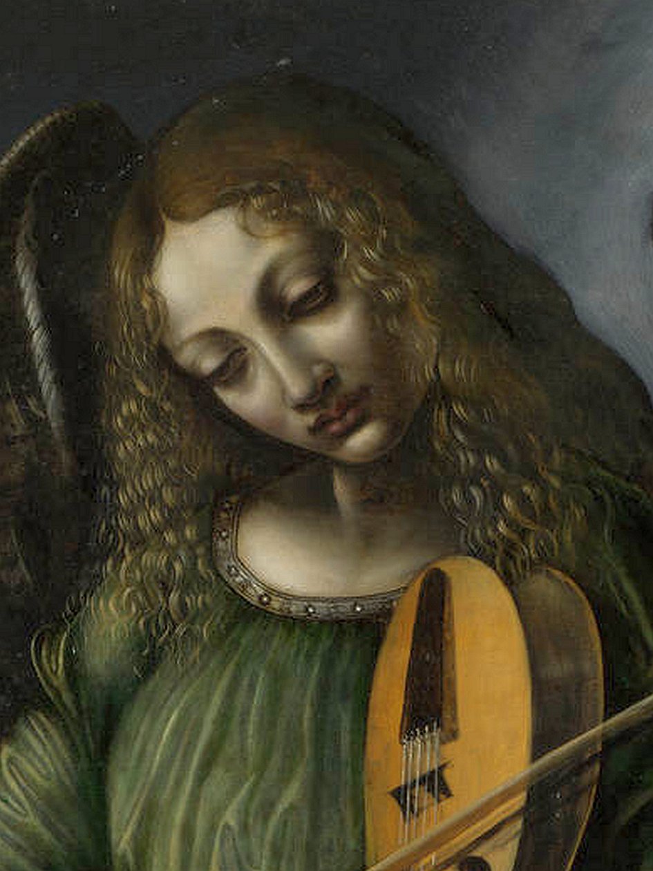En engel i grønt med en vielle, del av S. Francesco altertavle, Milano av Circle of Leonardo da Vinci