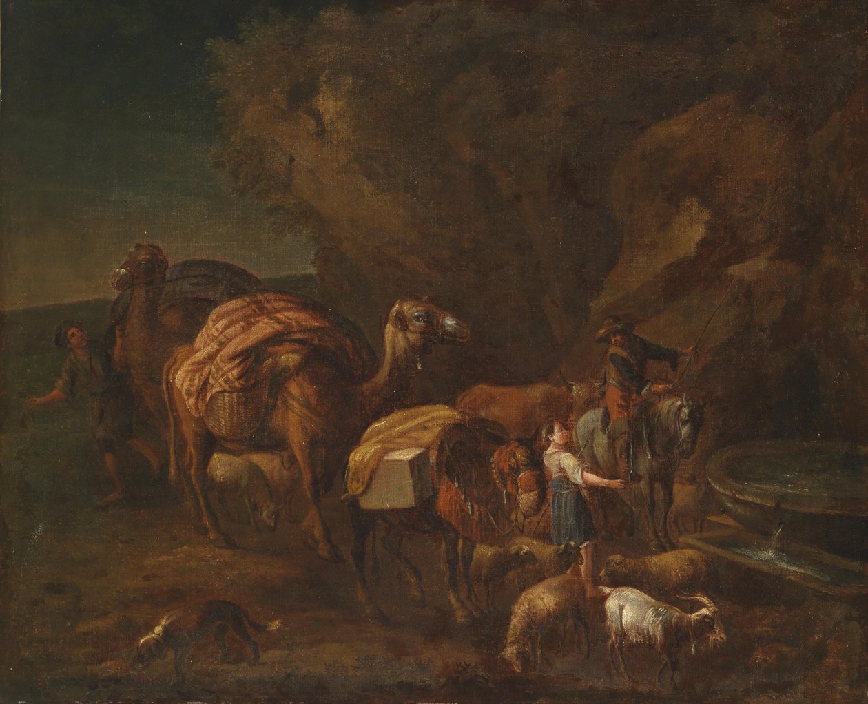 Orientalsk landskap med kamelførere og storfe av Circle of Nicolaes Pieterszoon Berchem
