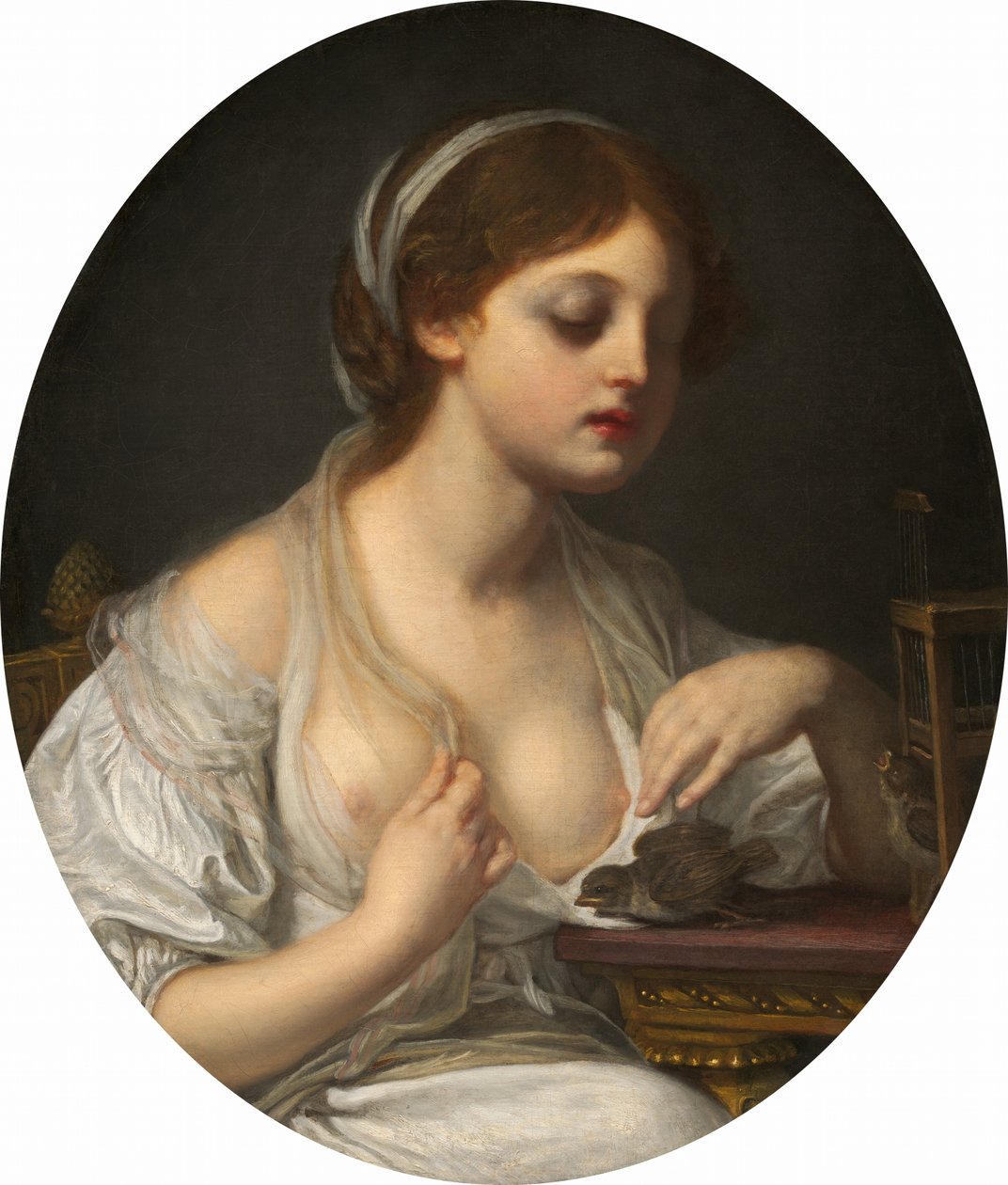 Jente med fugler av Circle of Jean Baptiste Greuze