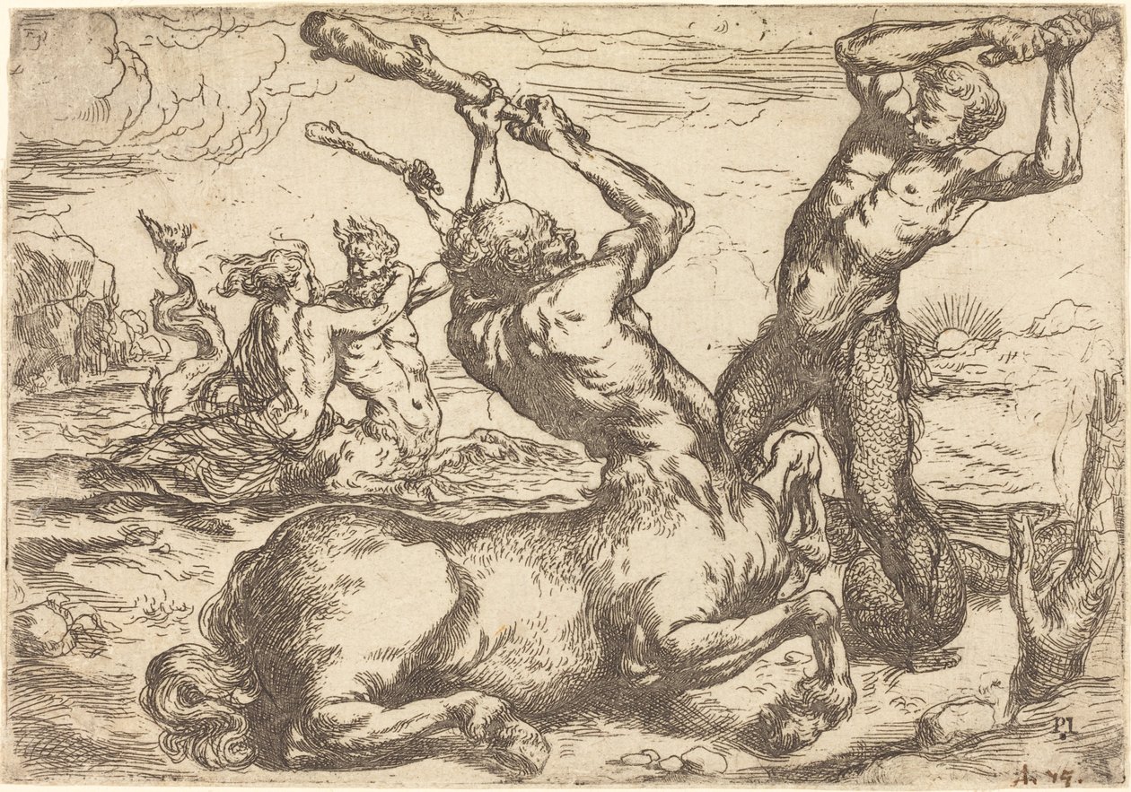 Kamp mellom en kentaur og en triton av Circle of Jusepe de Ribera