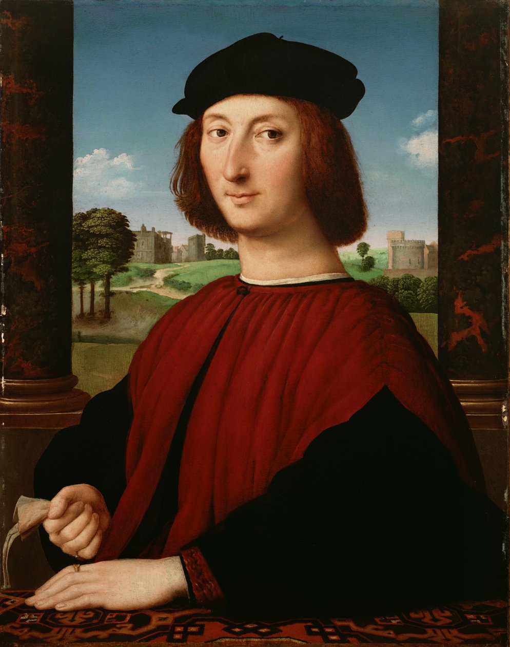 Portrett av en ung mann i rødt av Circle of Raphael