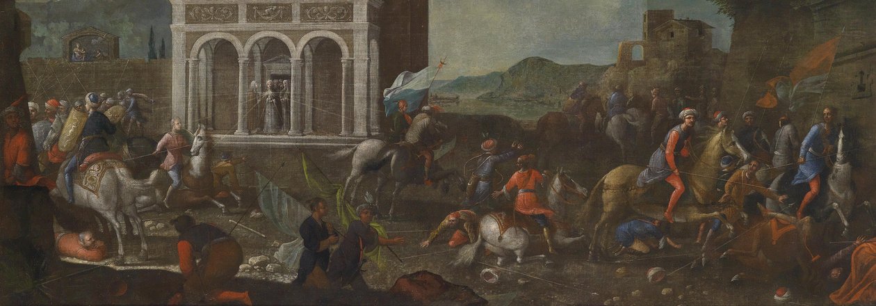 Saint Catherine av Siena forsvarer en by mot tyrkerne av circle of Vittore Carpaccio