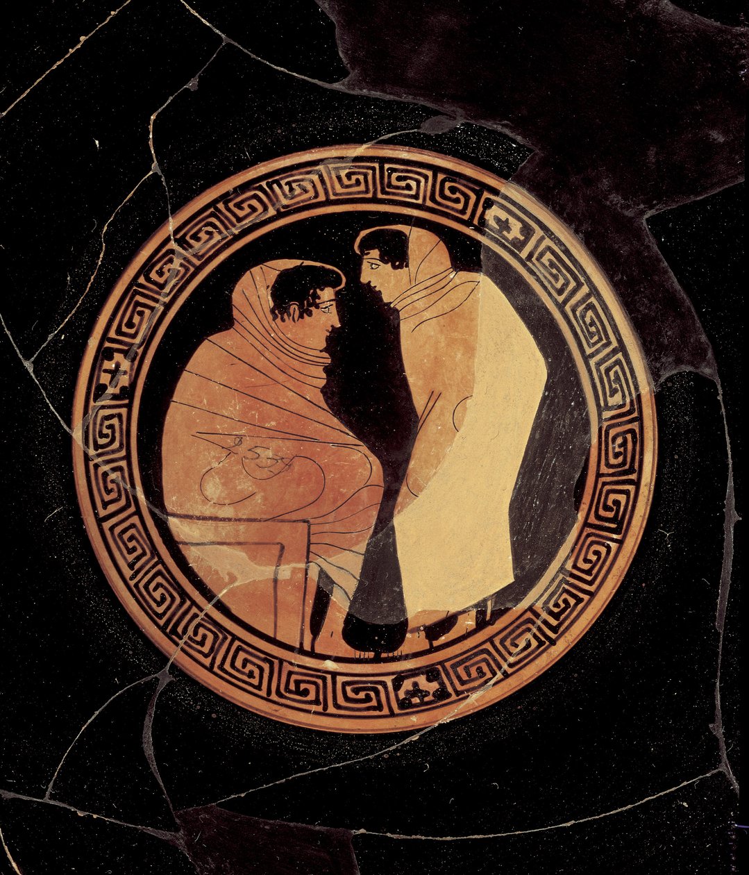 Attisk rødfigur kylix som viser en samtale mellom mannlige skikkelser, ca. 450 f.Kr. (leire) (detalj) av Circle of the Penthesilia Painter attr. to Circle of the Penthesilia Painter attr. to