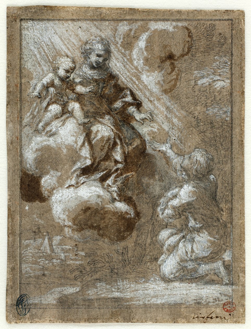 The Madonna and Child in Glory vises for en knelende ung mann av Ciro Ferri