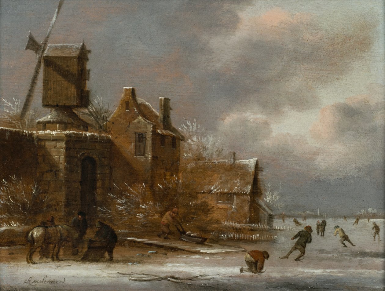 Et vinterlandskap med skatere på en frossen elv utenfor en landsby av Claes (1630 76) Molenaer