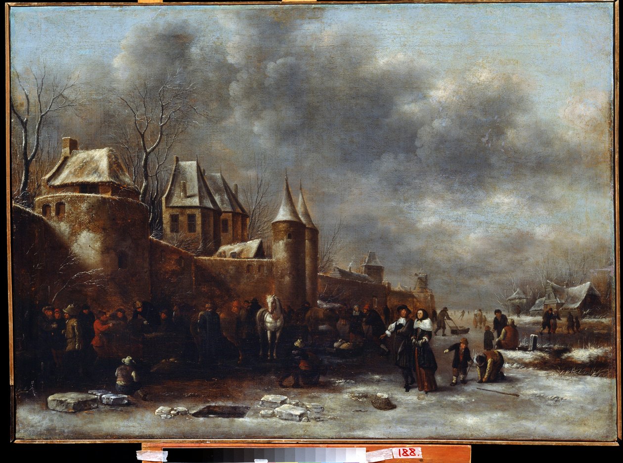 Chateau au bord de la riviere (Et slott ved elvebredden). Maleri av Claes Molenaer (Claes av Claes  Molenaer