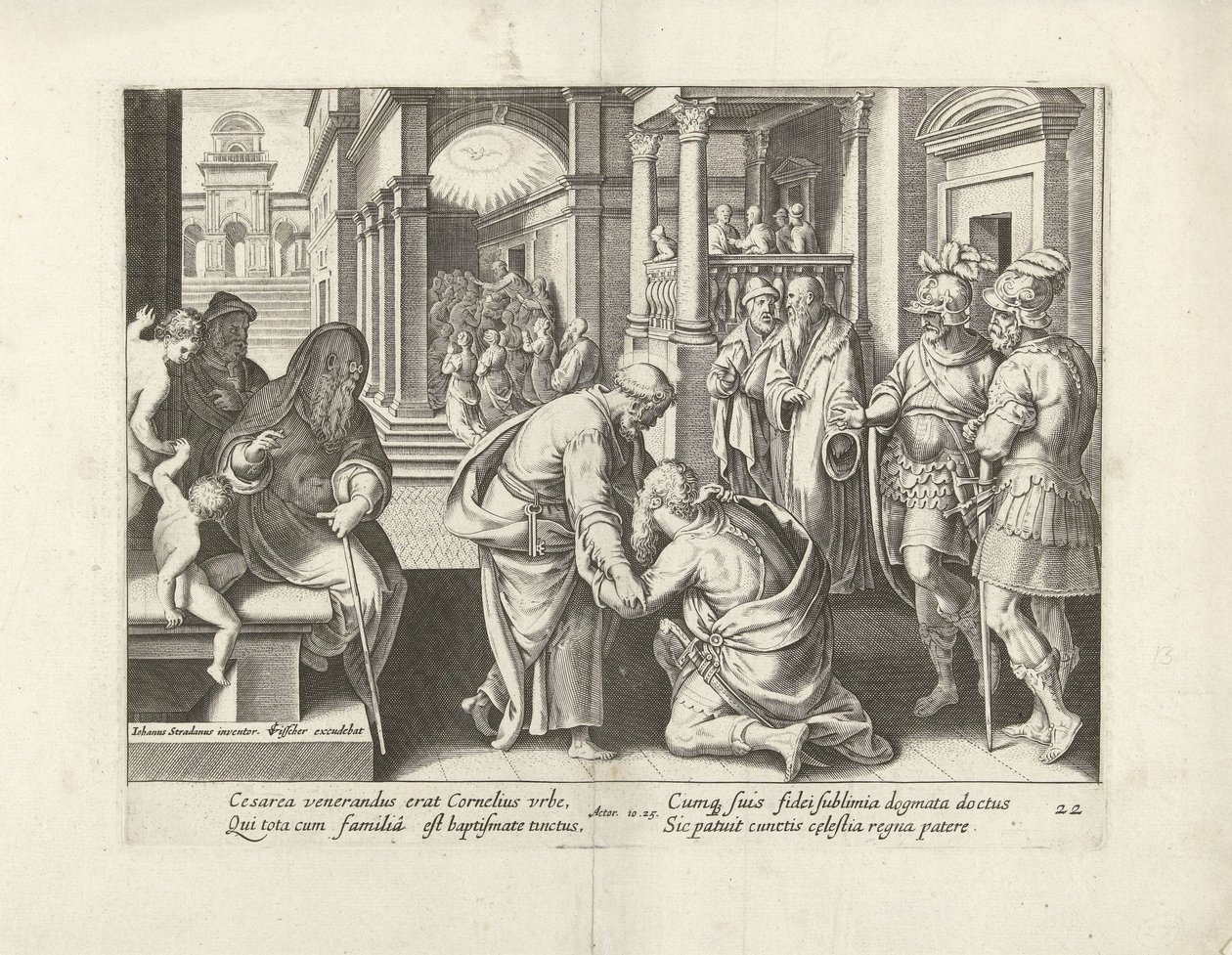 Cornelius kneler foran Petrus Apostlenes gjerninger (serietittel) Acta Apostolorum (serietittel) av Claes Jansz. Visscher (II) (attributed to workshop of)