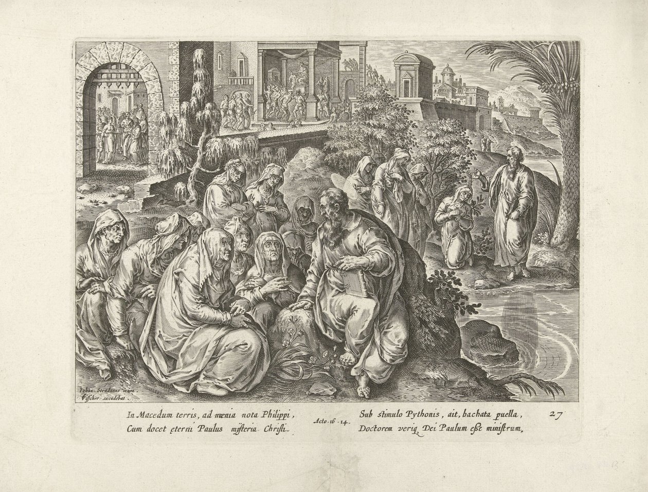 Paulus omvender kvinnene i Filippi Apostlenes gjerninger (serietittel) Acta Apostolorum (serietittel) av Claes Jansz. Visscher (II) (attributed to workshop of)