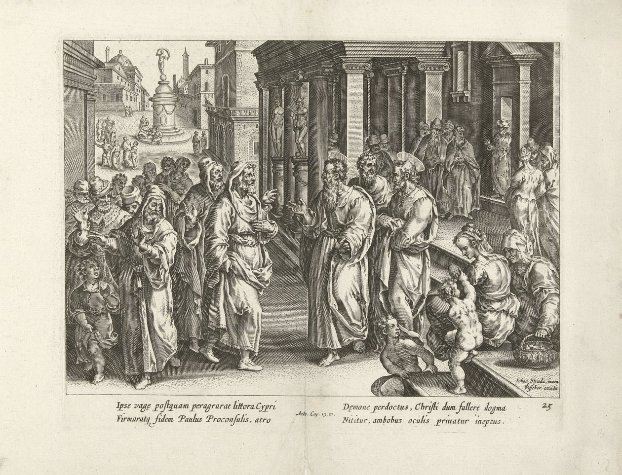 Paul krangler med trollmannen Elymas Apostlenes gjerninger (serietittel) Acta Apostolorum (serietittel) av Claes Jansz. Visscher (II) (workshop of)