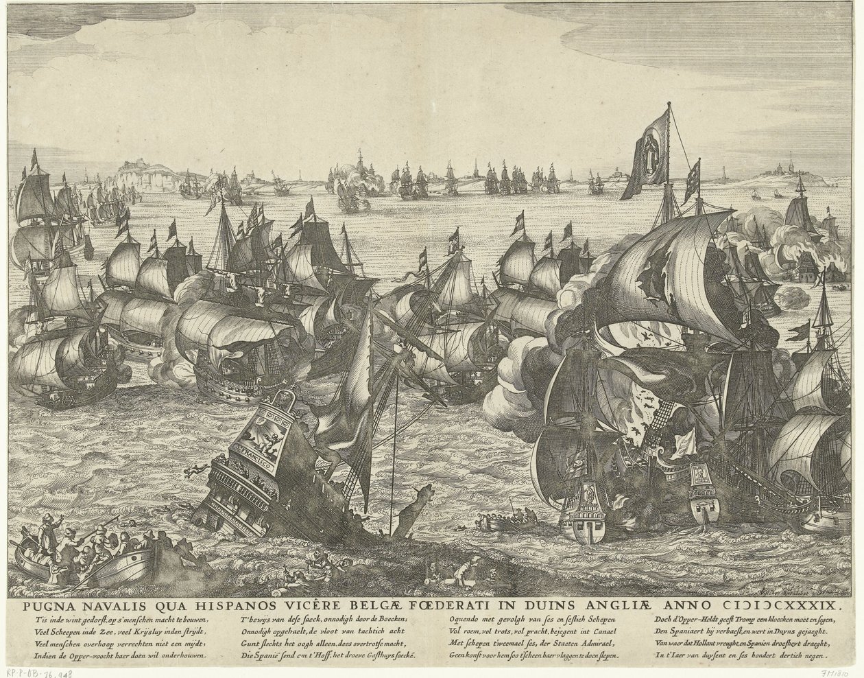 Zeeslag bij Duins, 1639 Sjøslaget der belgierne beseiret spanjolene i Duinene i England i år 1339 (tittel på objekt) av Claes Jansz. Visscher (II) (workshop of)