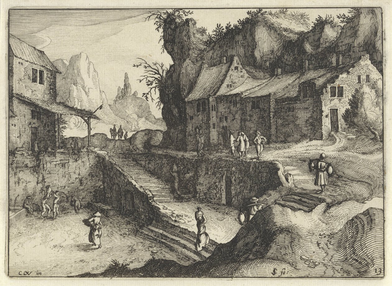 Fjelllandsby med hus og trapper Nederlandske landskap (serietittel) Amaeniores Aliquot Regiunculae (serietittel på objekt) av Claes Jansz. Visscher (II)