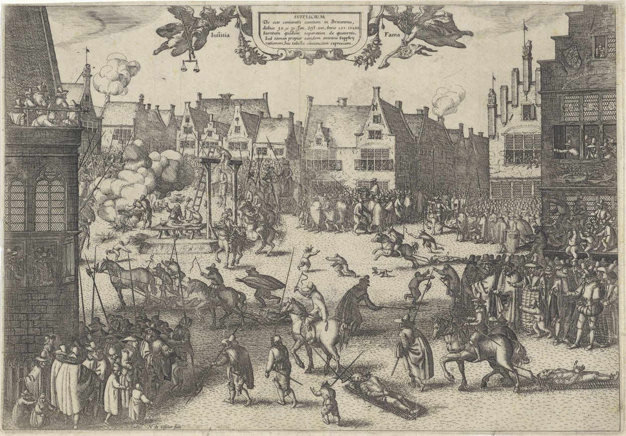Henrettelse av Conspirators of the Gunpowder Treason, 1606 Supplicium de octo coniuratis sumtum i Britannia (tittel på objekt) av Claes Jansz. Visscher (II)