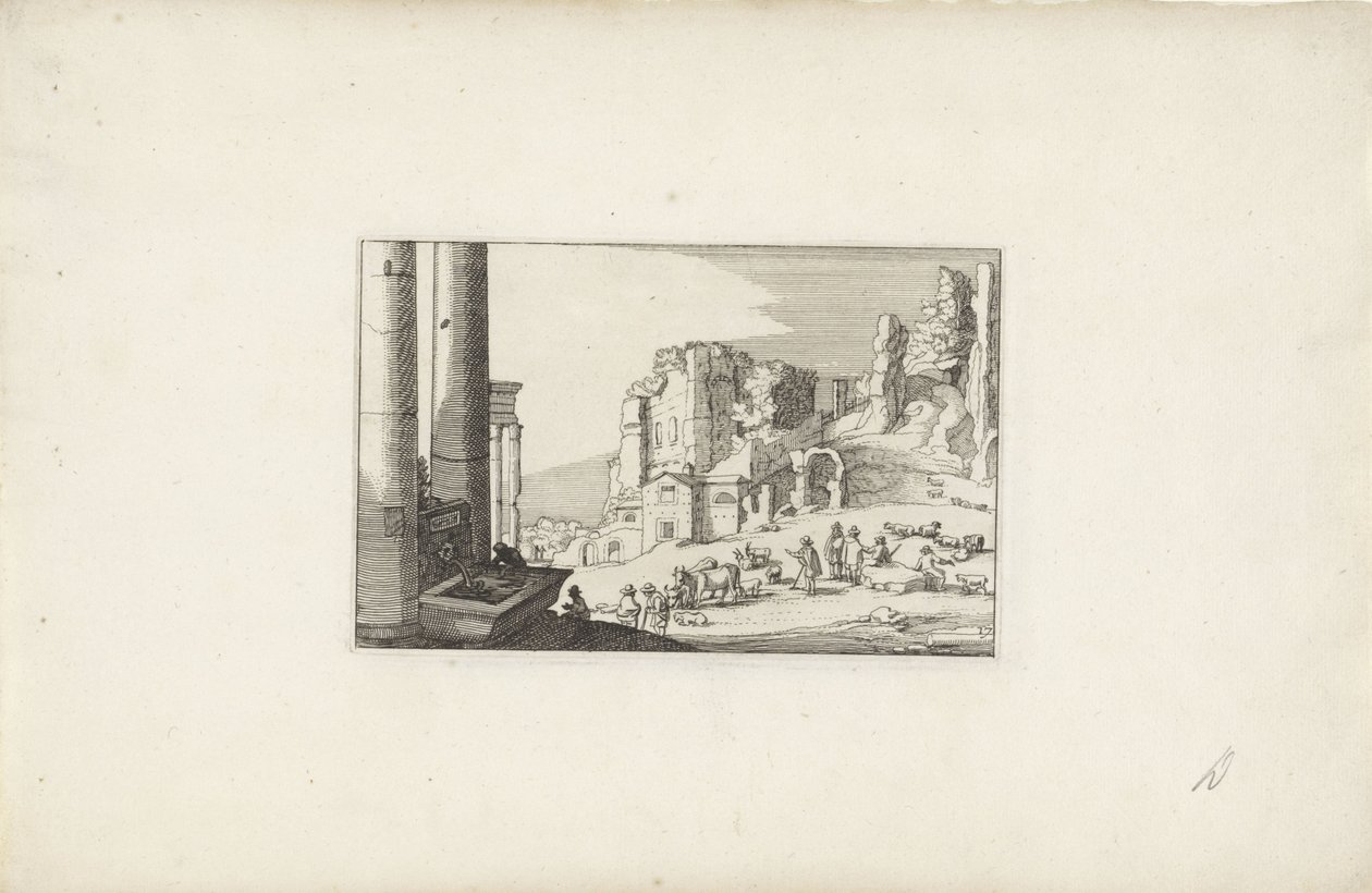 Kupert landskap med fontene og gjetere Italienske landskap med ruiner (serietittel) Variae antiquitates Romanae (serietittel på objekt) av Claes Jansz. Visscher (II)