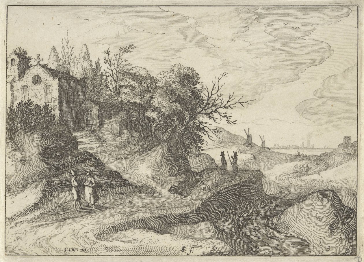 Kapell på en svingete landevei Nederlandske landskap (serietittel) Amaeniores Aliquot Regiunculae (serietittel på objekt) av Claes Jansz. Visscher (II)