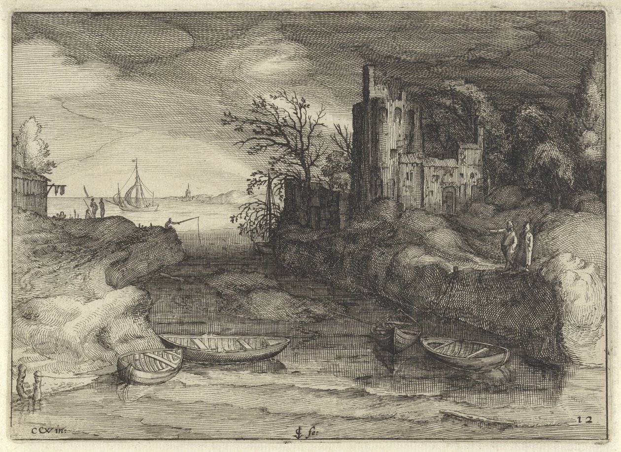Landskap med sluper Nederlandske landskap (serietittel) Amaeniores Aliquot Regiunculae (serietittel på objekt) av Claes Jansz. Visscher (II)