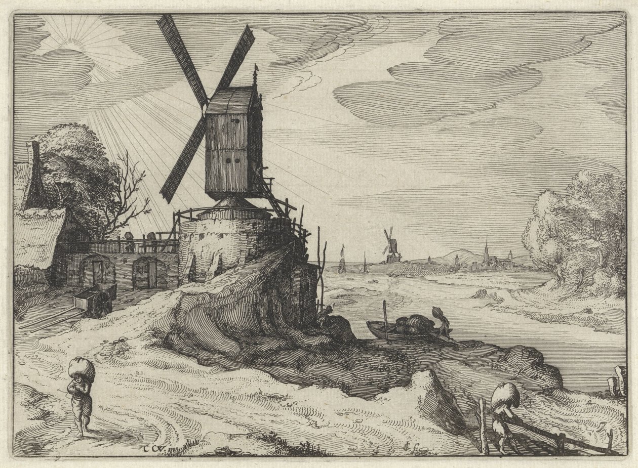 Kvern ved en elv Nederlandske landskap (serietittel) Amaeniores Aliquot Regiunculae (serietittel på objekt) av Claes Jansz. Visscher (II)
