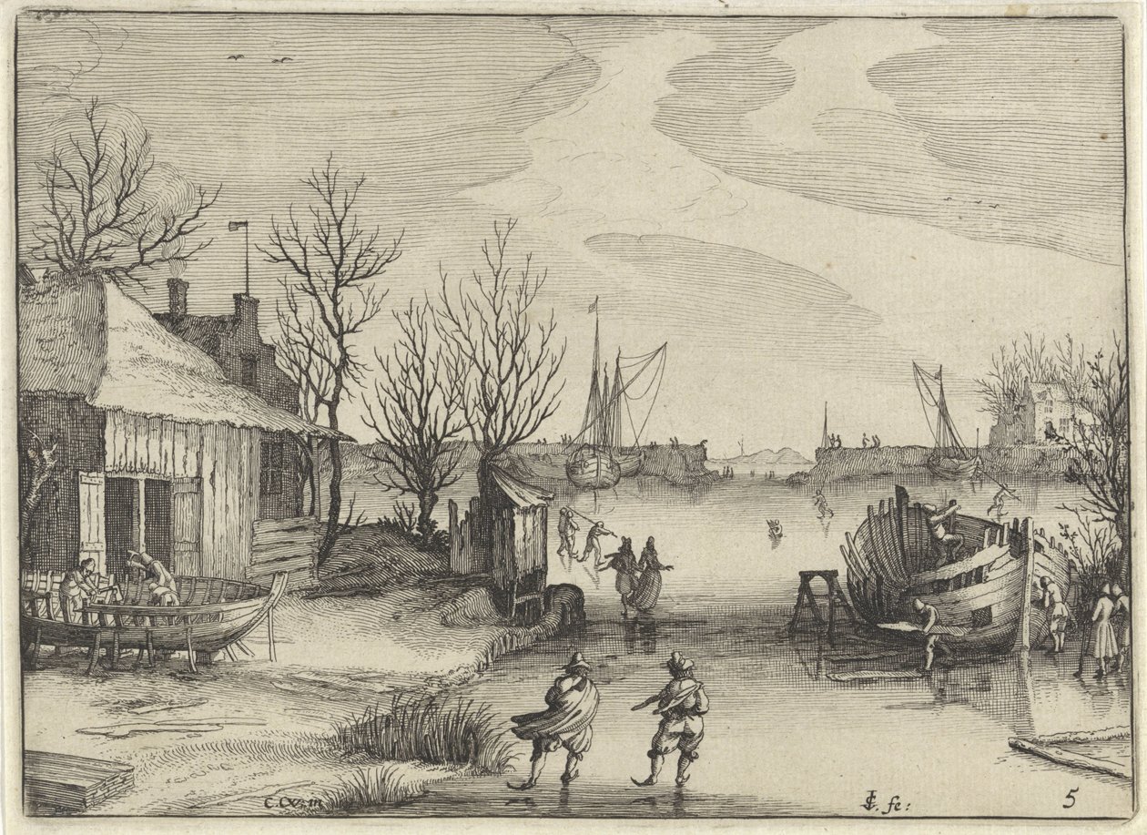 Verft på en frossen kanal Nederlandske landskap (serietittel) Amaeniores Aliquot Regiunculae (serietittel på objekt) av Claes Jansz. Visscher (II)
