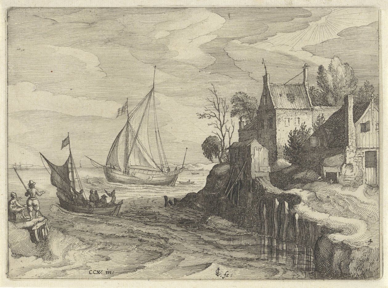 Skip nær kysten Nederlandske landskap (serietittel) Amaeniores Aliquot Regiunculae (serietittel på objekt) av Claes Jansz. Visscher (II)