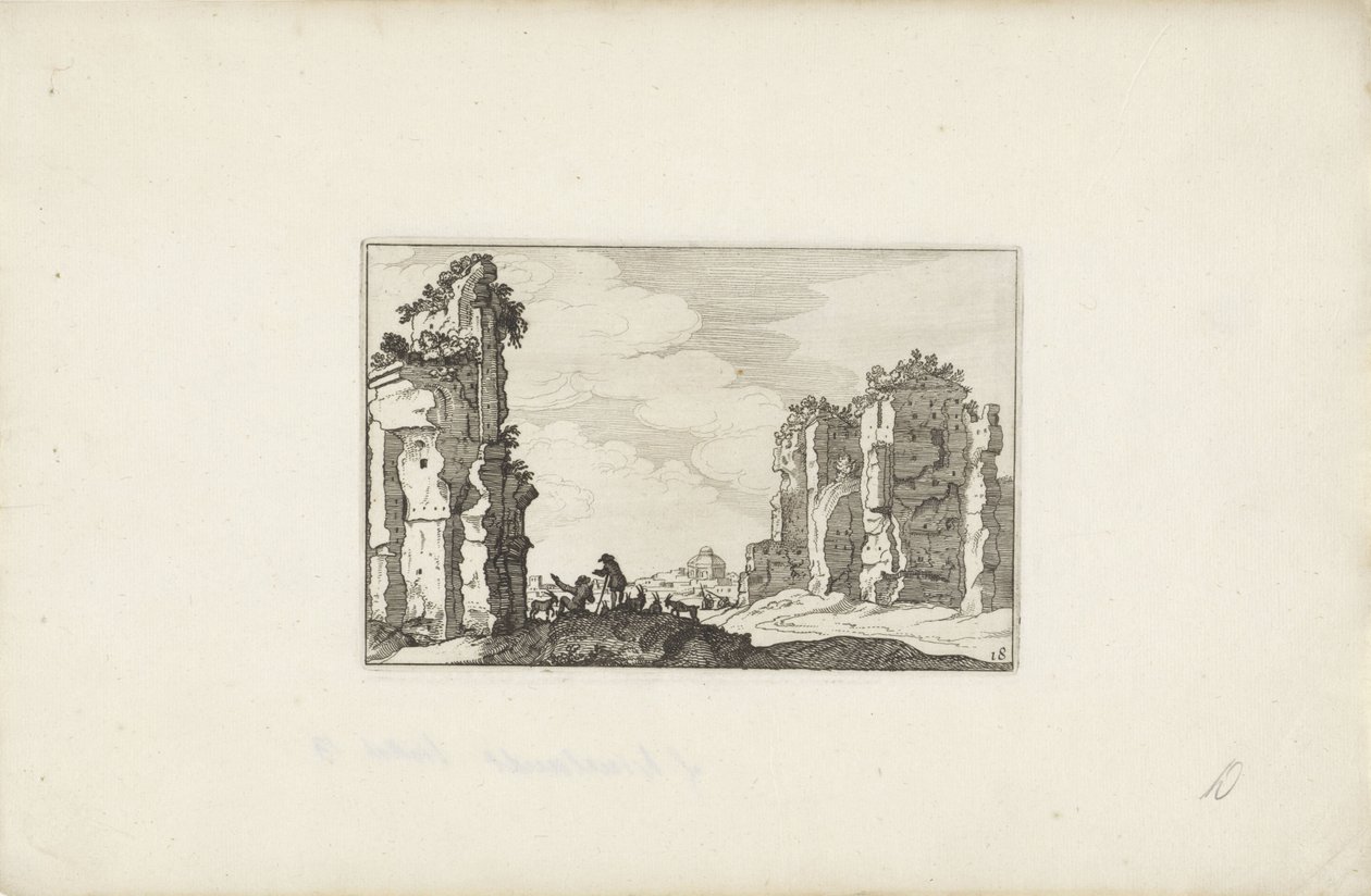 To hyrder ved en ruin Italienske landskap med ruiner (serietittel) Variae antiquitates Romanae (serietittel på objekt) av Claes Jansz. Visscher (II)