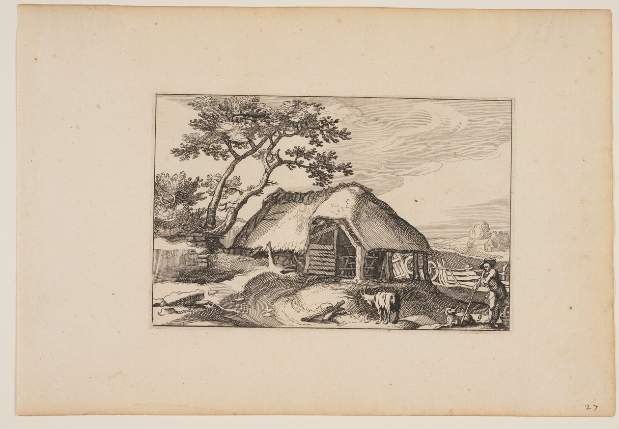 Låve, flokk hviler på stokken sin i høyre forgrunn, fra Landskap (Verscheyden aerdige Lanthuysen...) av Claes Jansz. Visscher