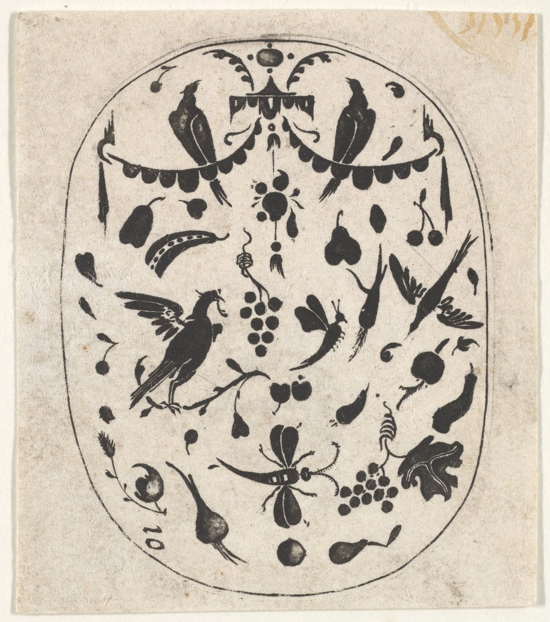 Ovalt svartarbeidstrykk med fugler, insekter og frukt, ca. 1620. av Claes Jansz Visscher