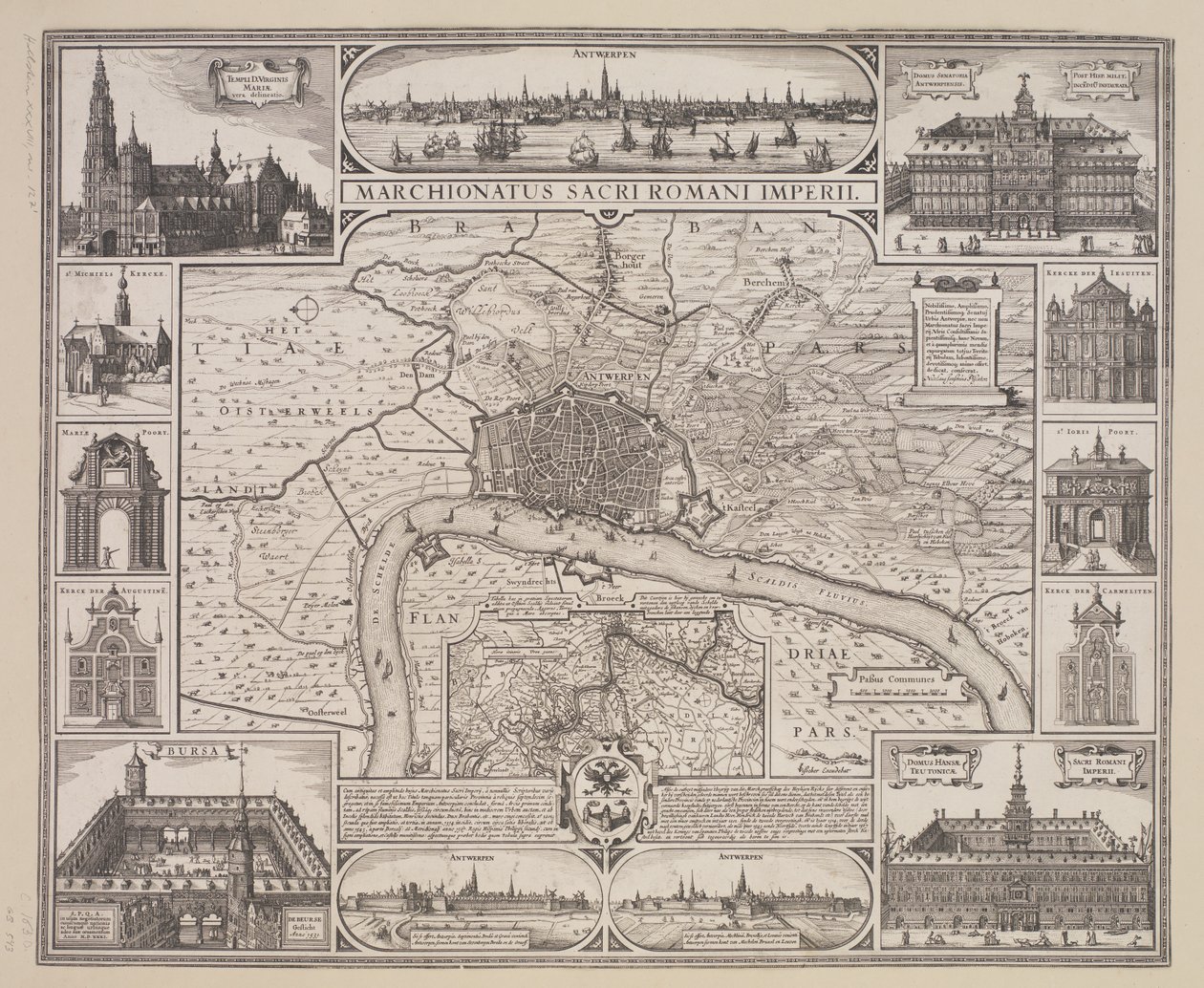 Plan for Antwerpen med prospekt for byen og de viktigste bygningene av Claes Jansz. Visscher