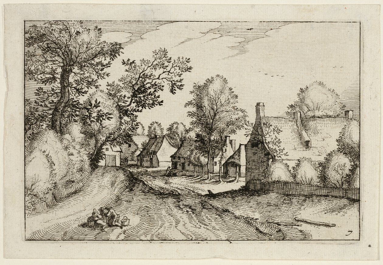 En landsbyvei, plate syv etter Bilder av gårder, landsteder og rustikke landsbyer (Praediorum villarum et rusticarum casularum-ikoner) av Claes Jansz. Visscher II