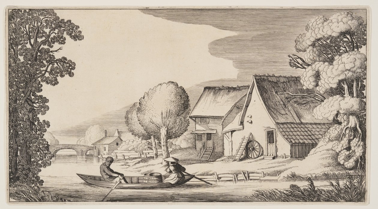 Bonde og bondekvinne i robåt, fra Landskap (Playsante Lantschappen) av Claes Jansz. Visscher II