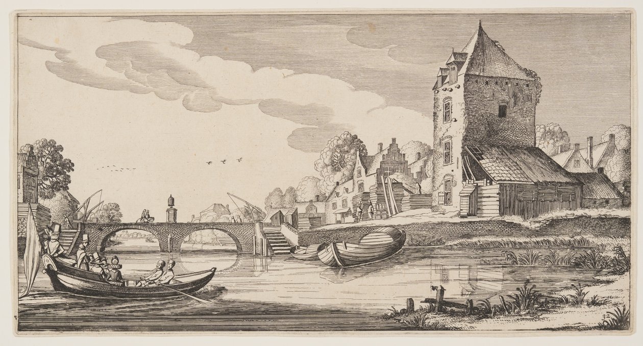 Landsby ved en elv, fra Landskap (Playsante Lantschappen) av Claes Jansz. Visscher II