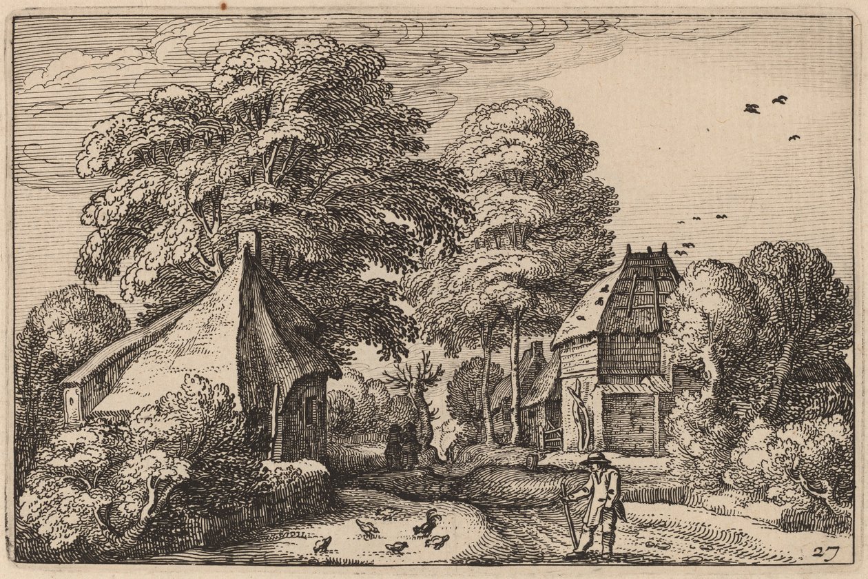 Vei med låve og hytter av Claes Jansz Visscher after Johannes van Doetechum, the Elder after Lucas