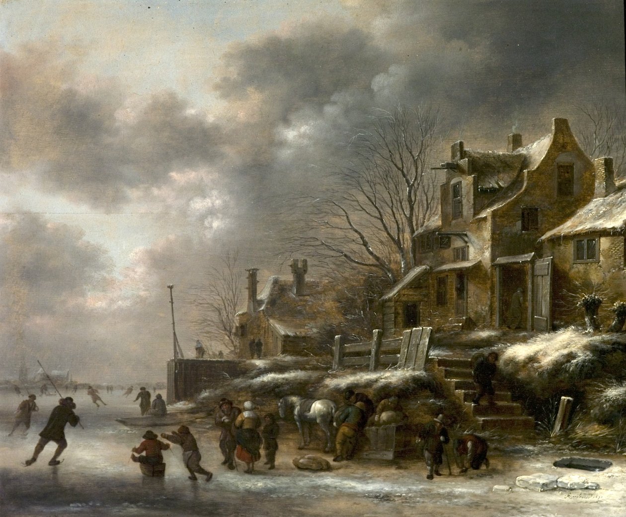Vinterscene, elv med kunstløp, 1671 av Claes Molenaer