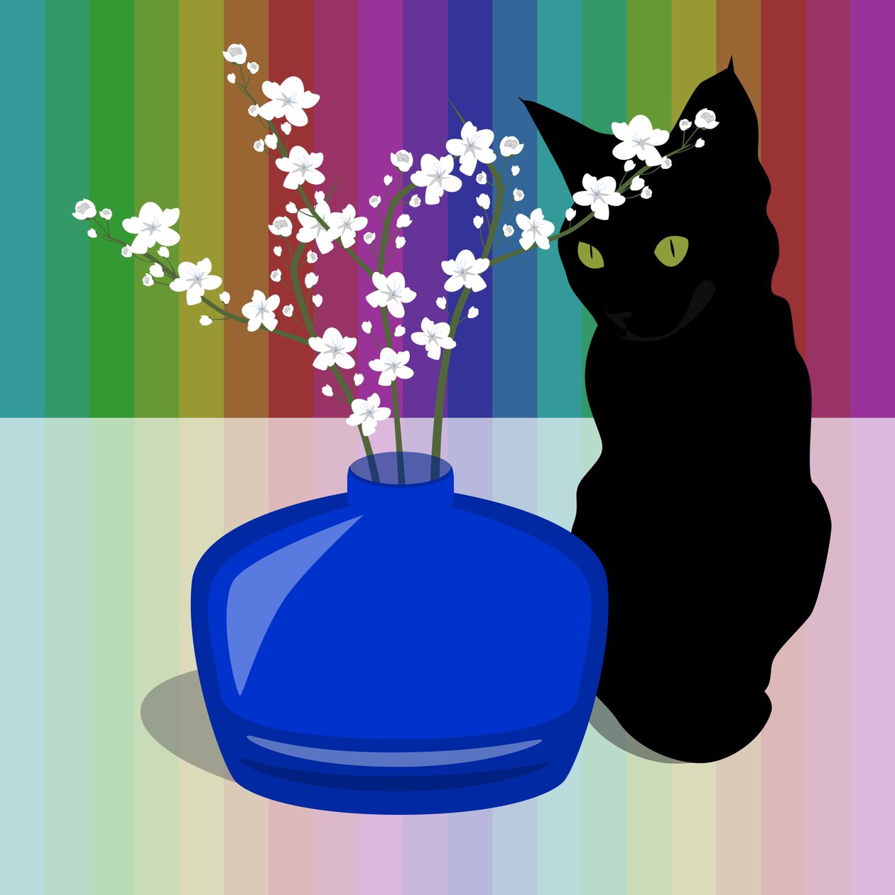 Blå glassvase med blomst og svart katt av Claire Huntley