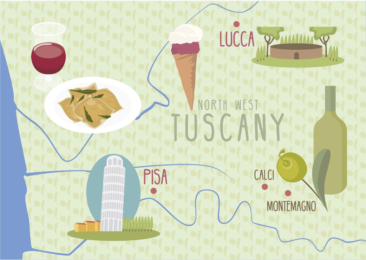 Kart over Lucca og Pisa, Toscana, Italia av Claire Huntley