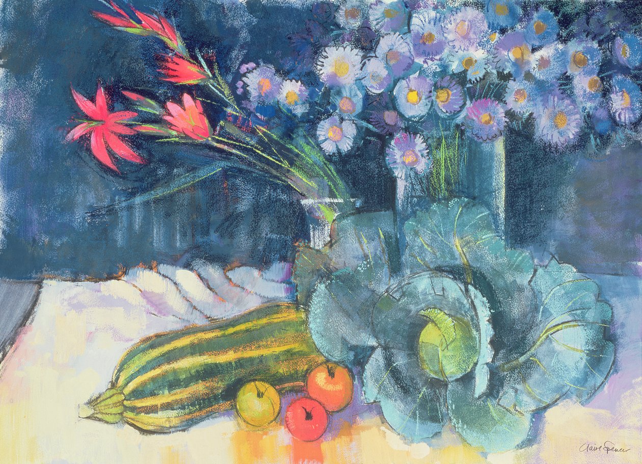 Stilleben med frukt og blomster av Claire Spencer