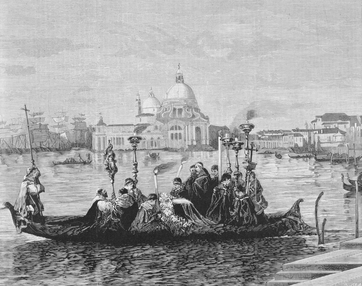En begravelse i Venezia, fra maleriet "Going to the Campo Santo" av Clara Montalba