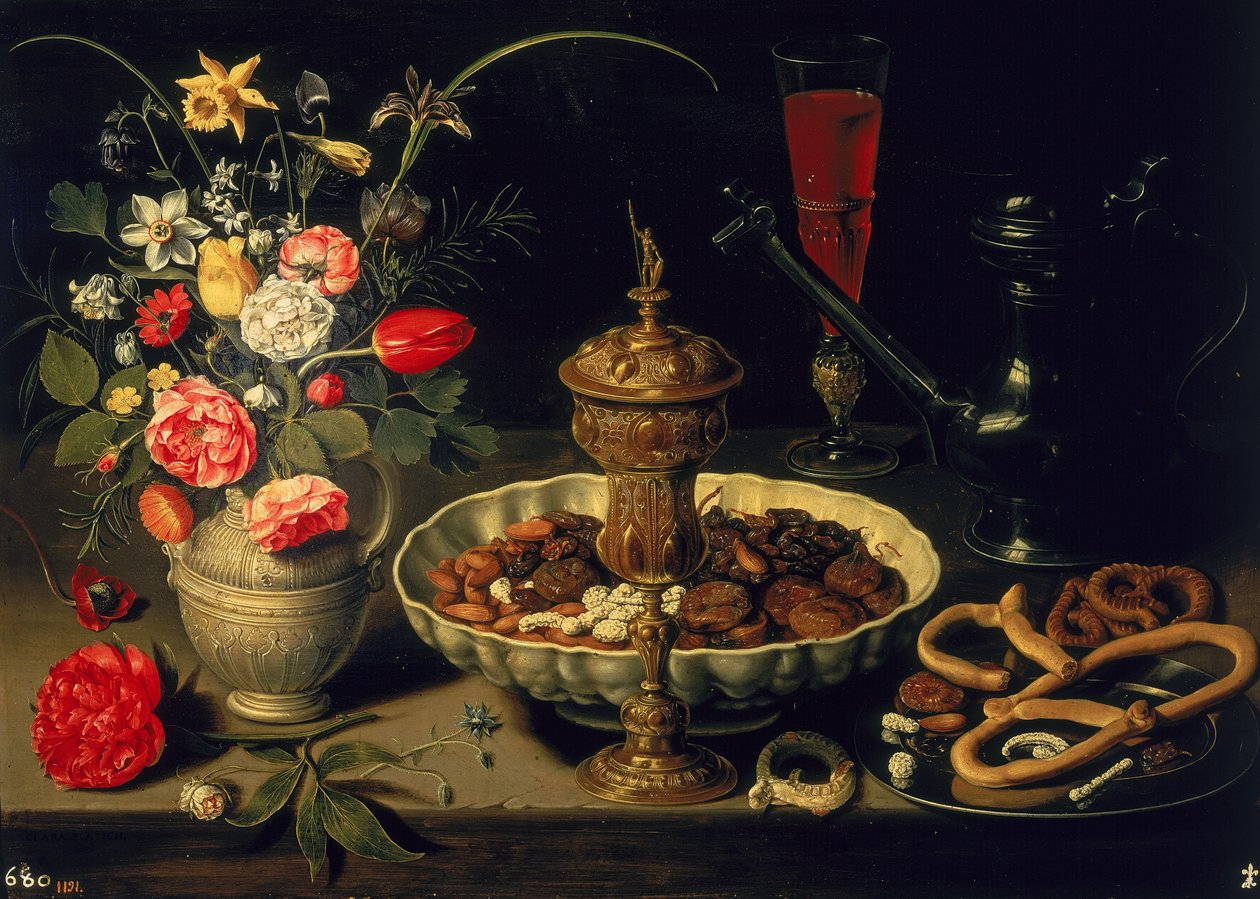 Stilleben av blomster og tørket frukt, 1611 av Charlotte Evans