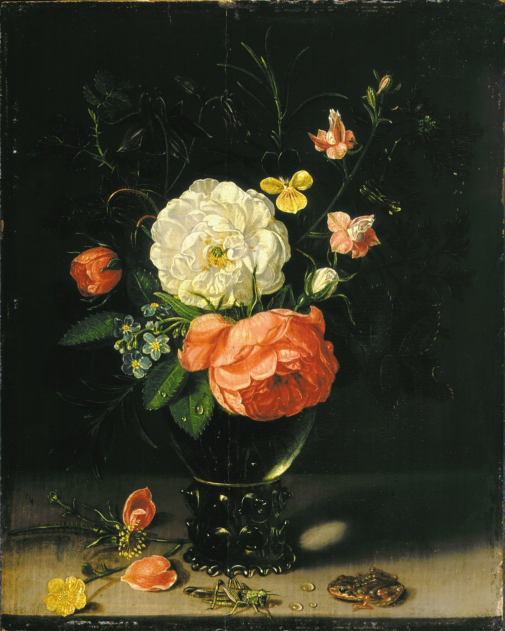 Blomster i en vase med gresshoppe og frosk. av Clara Peeters