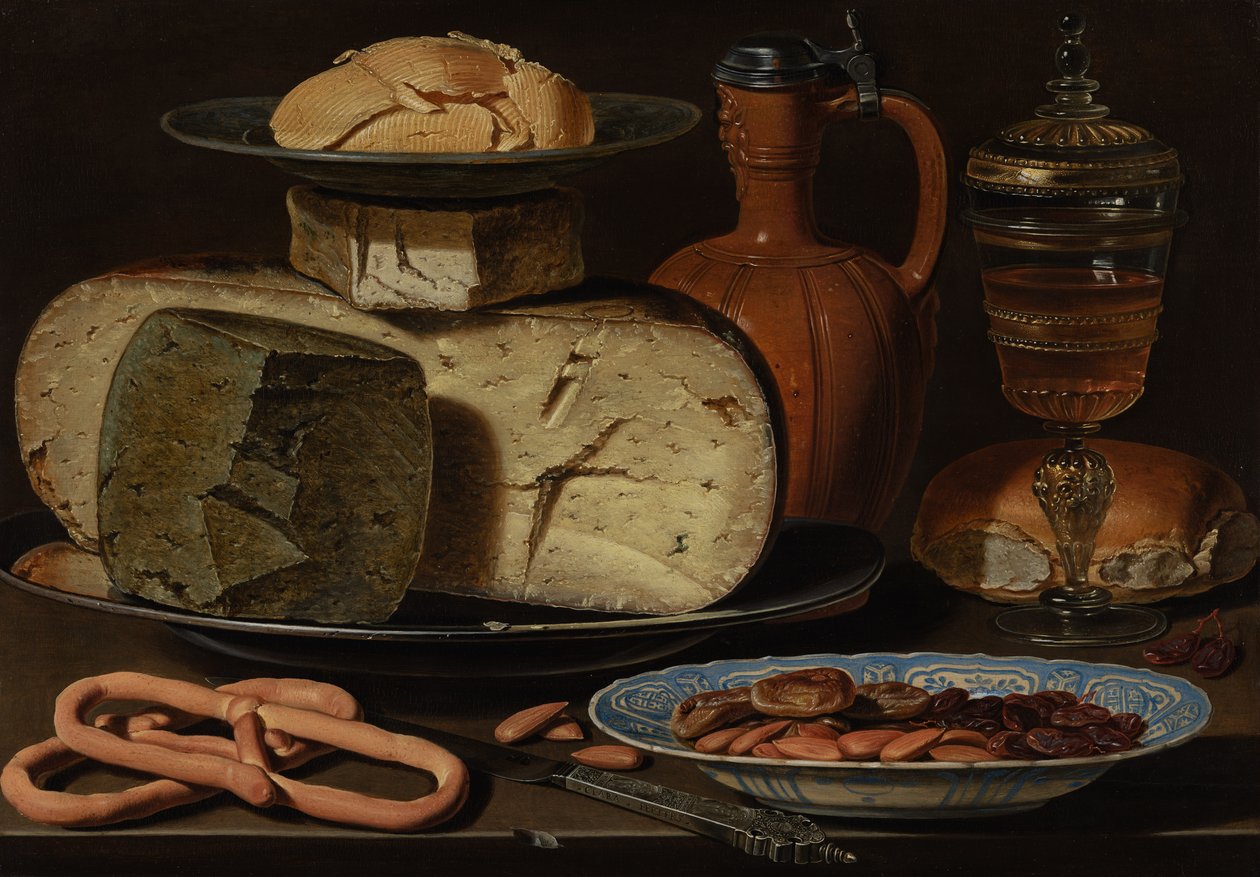 Stilleben med ost, mandler og kringler, ca. 1615 av Charlotte Evans